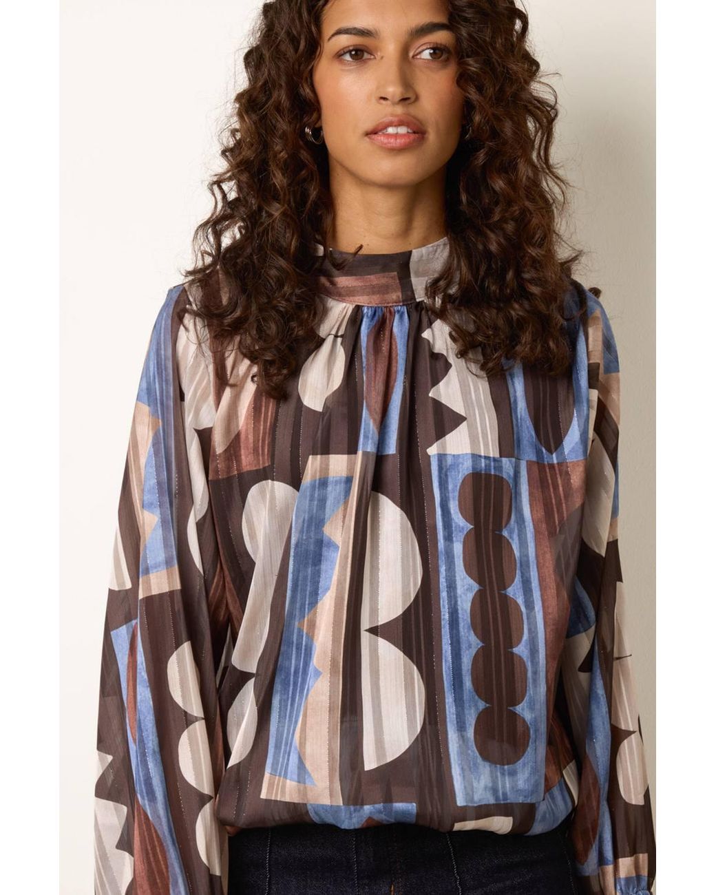 Blue Vanilla Brown Long Sleeve Round Neck Blouse