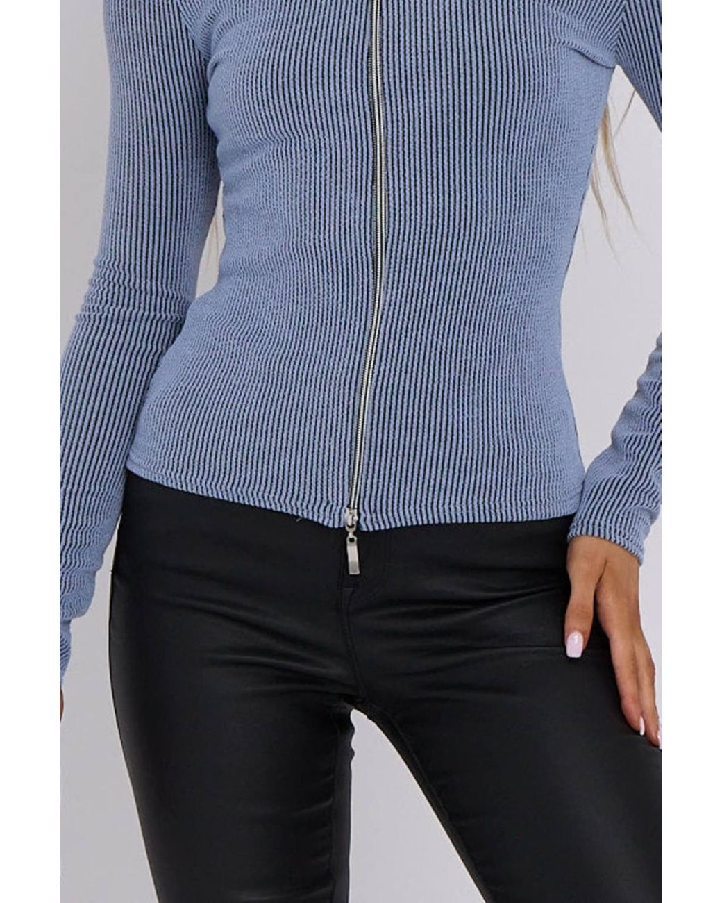 Stylewise Blue Ribbed High Neck Zip Up