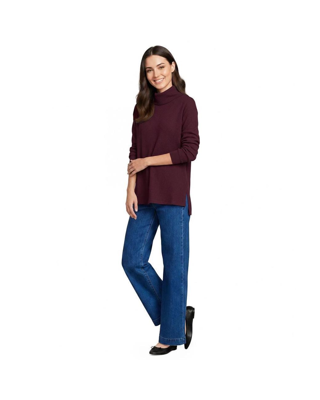 Lands' End Black Petite Long Sleeve Cowl Neck Waffle Tunic