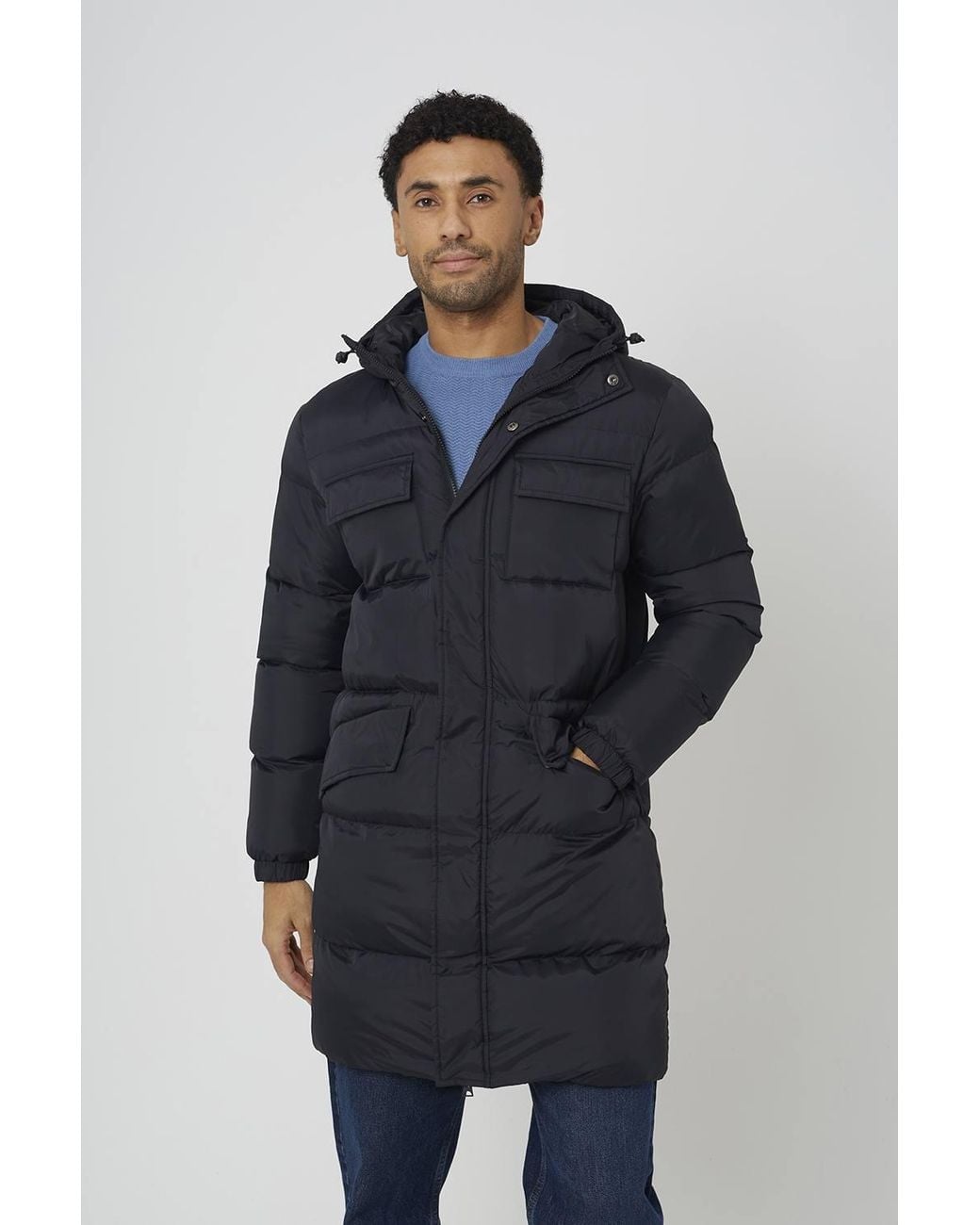 Brave Soul Blue Longline Hooded Padded Jacket With Patch Pockets for men