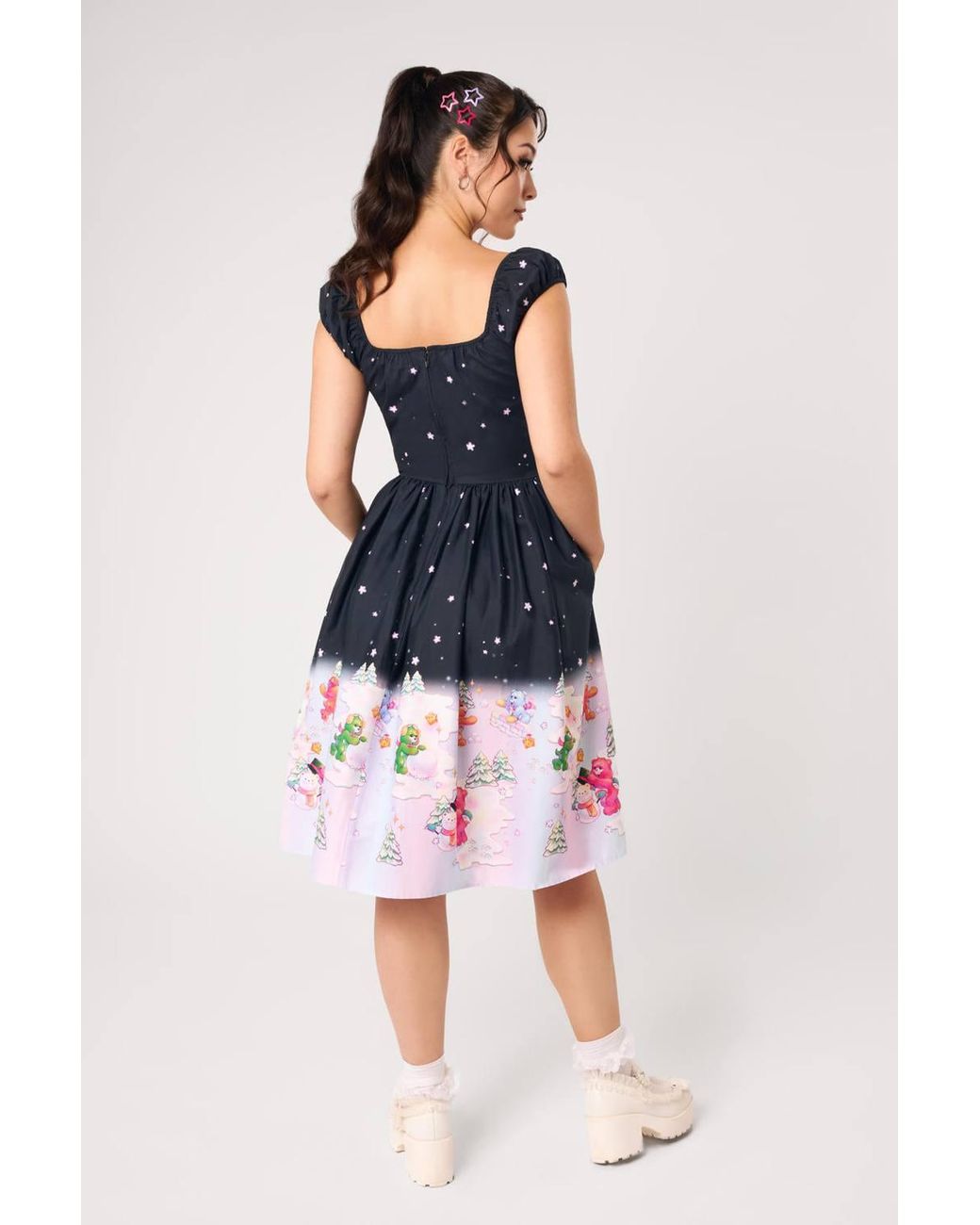 Hell Bunny Blue Winter Fun Care Bears Printed Cotton 50S Midi Dress