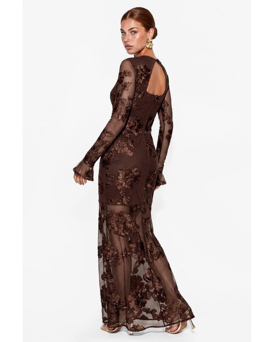 Maya Deluxe Brown 3D Floral Applique Long Sleeve Mesh Maxi Dress