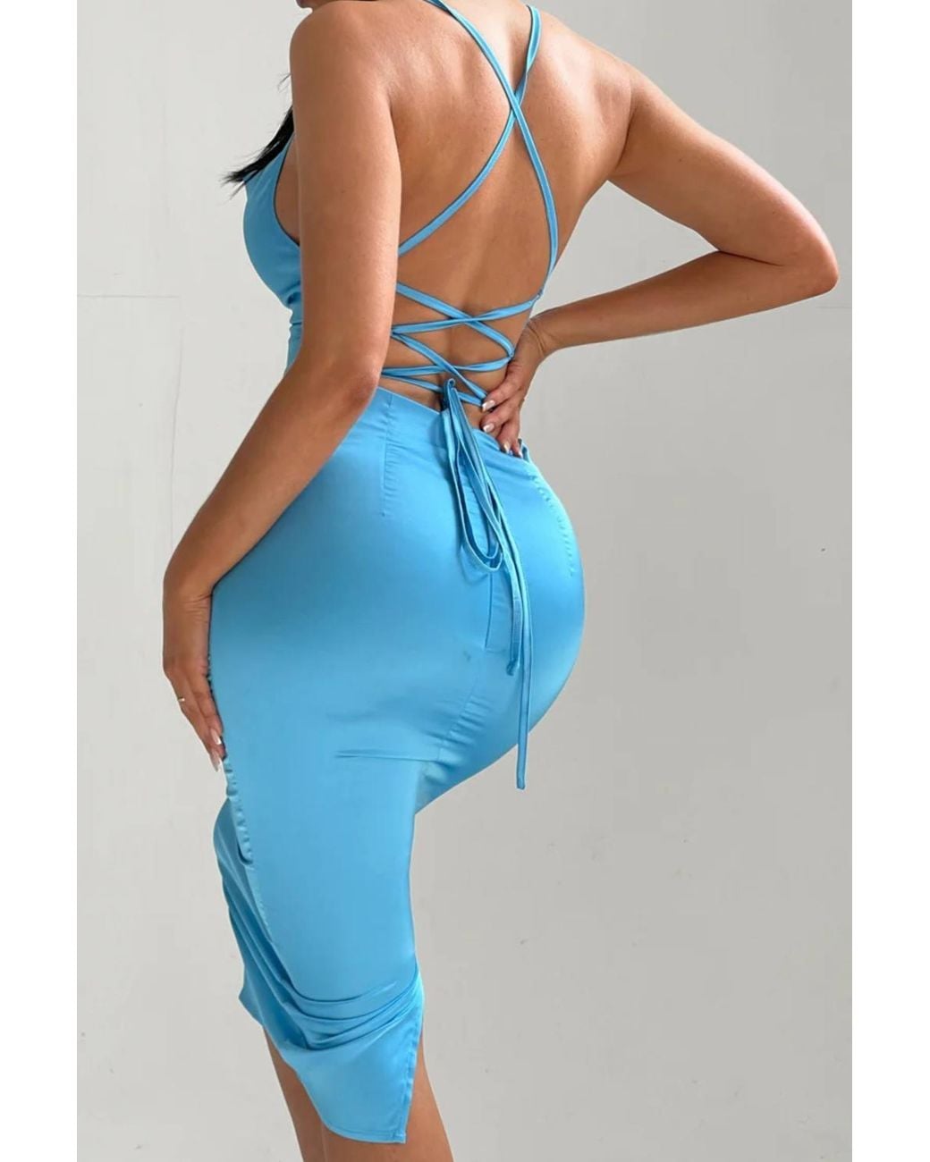 Femme Luxe Blue Satin Strappy Tie Detail Bodycon Midi Dress