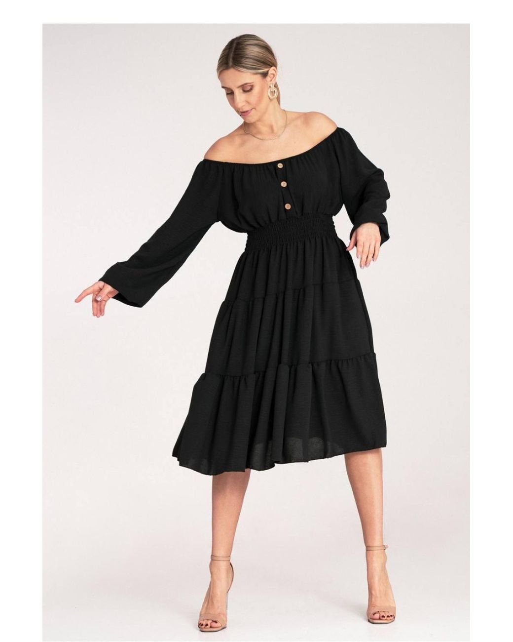 Love Lace Black Ruched Midi Dress With Spanish Neckline