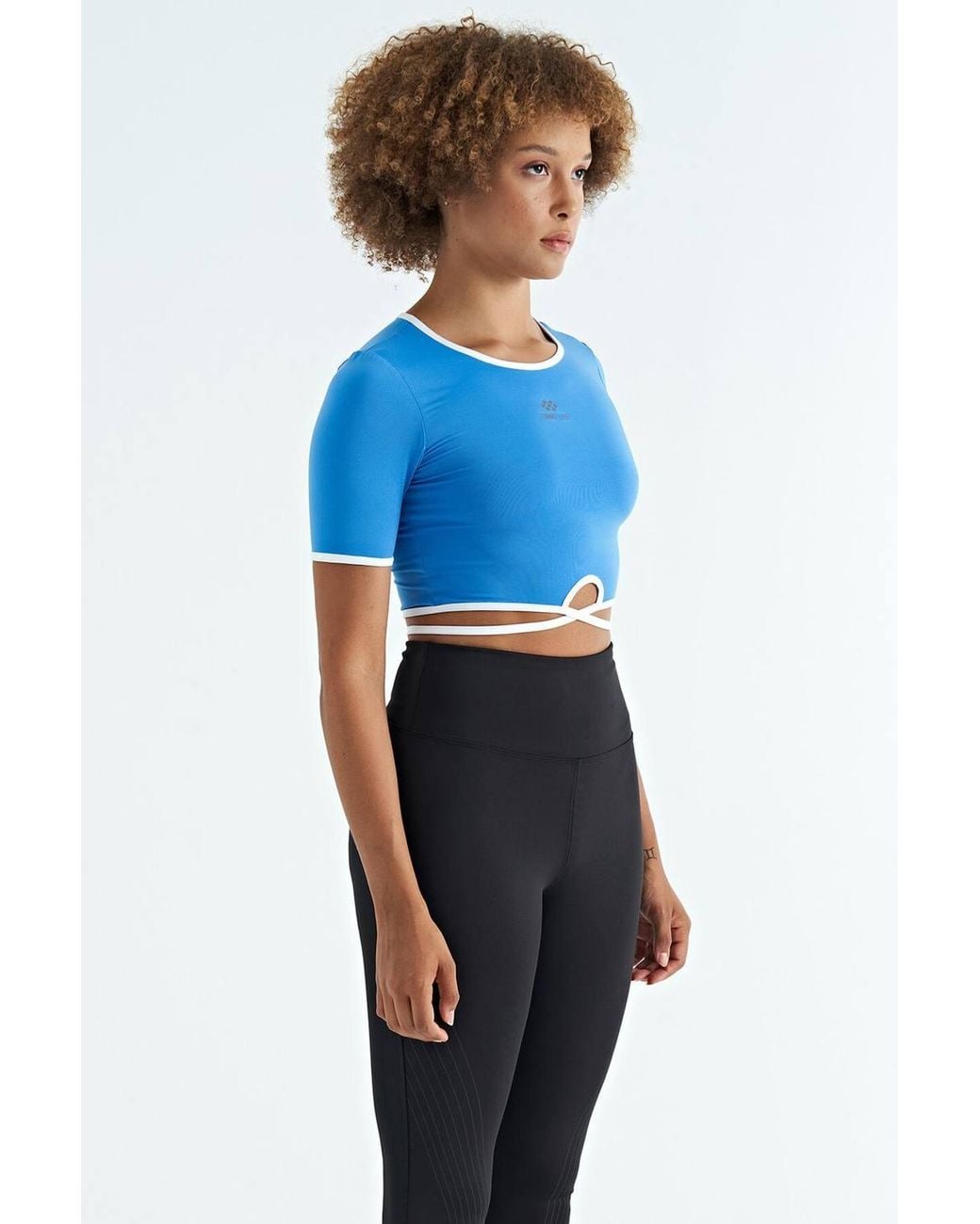 TOMMY LIFE Blue Elastic Crop T-Shirt With Crew Neck