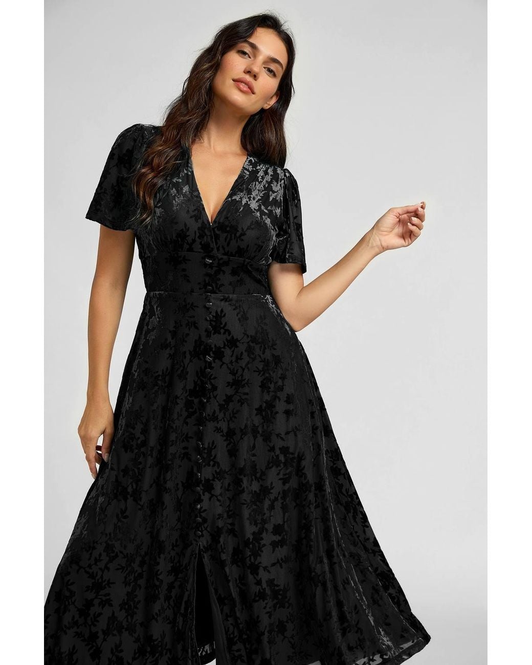 FS Collection Black Floral Velvet Devore V Neckline Dress