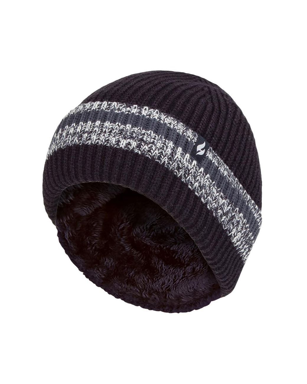Heat Holders Black Striped Turnover Cuff Knitted Thermal Beanie Hat For Winter for men