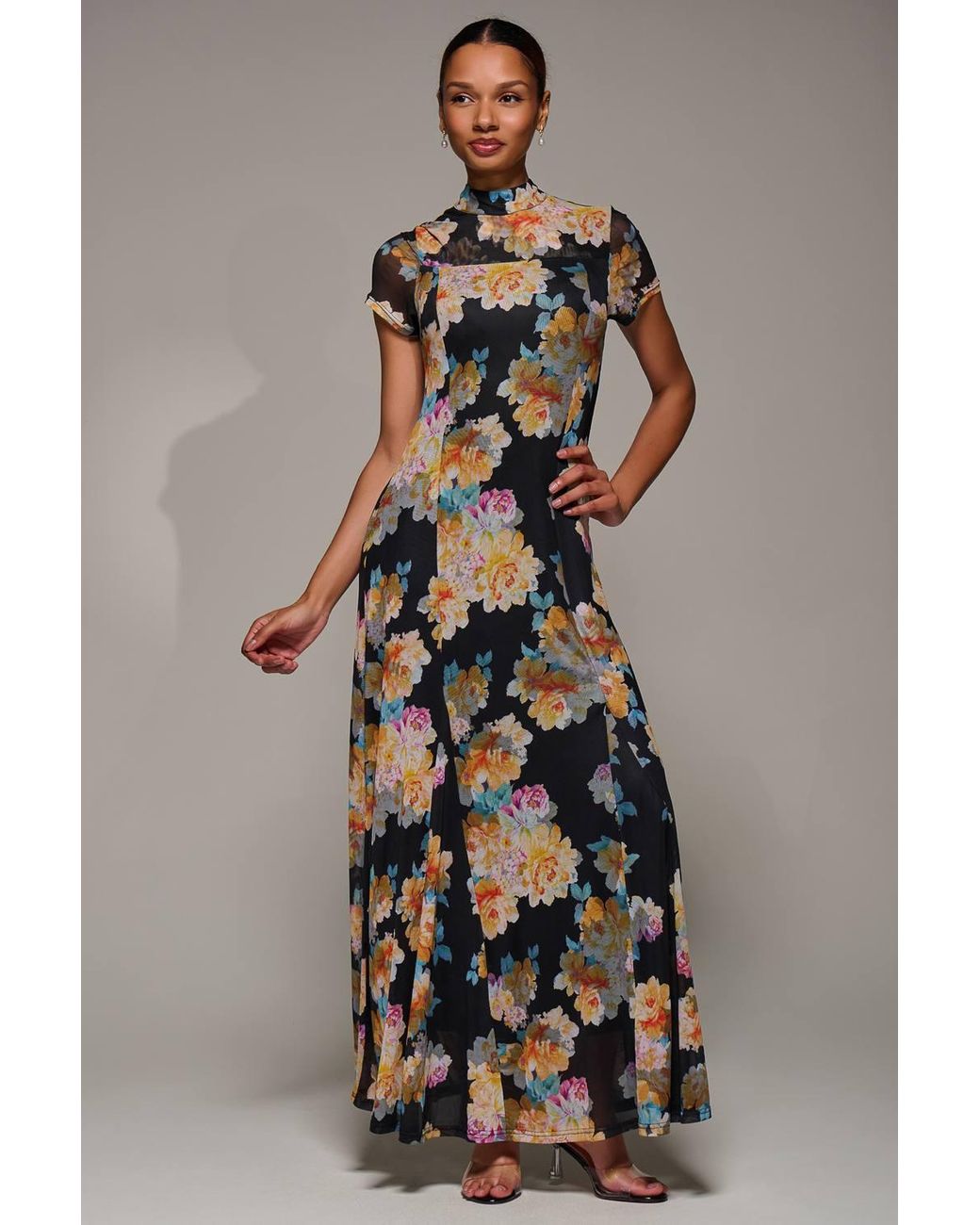 Jolie Moi Black Turtle Neckline Mesh Maxi Dress