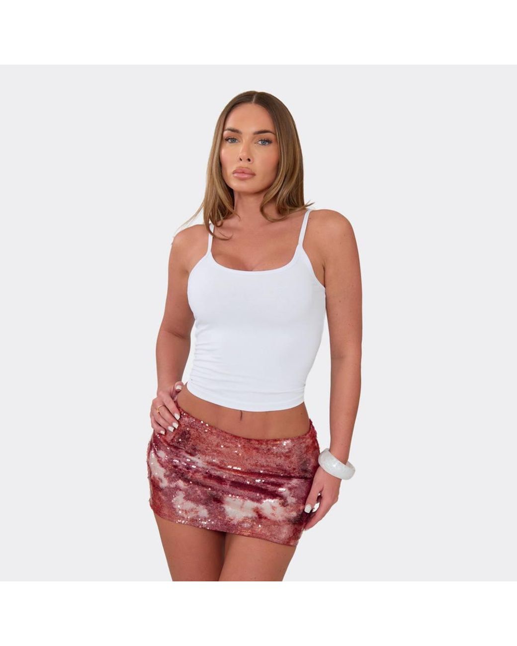 EGO White Sequin Textured Low Rise Mini Skirt