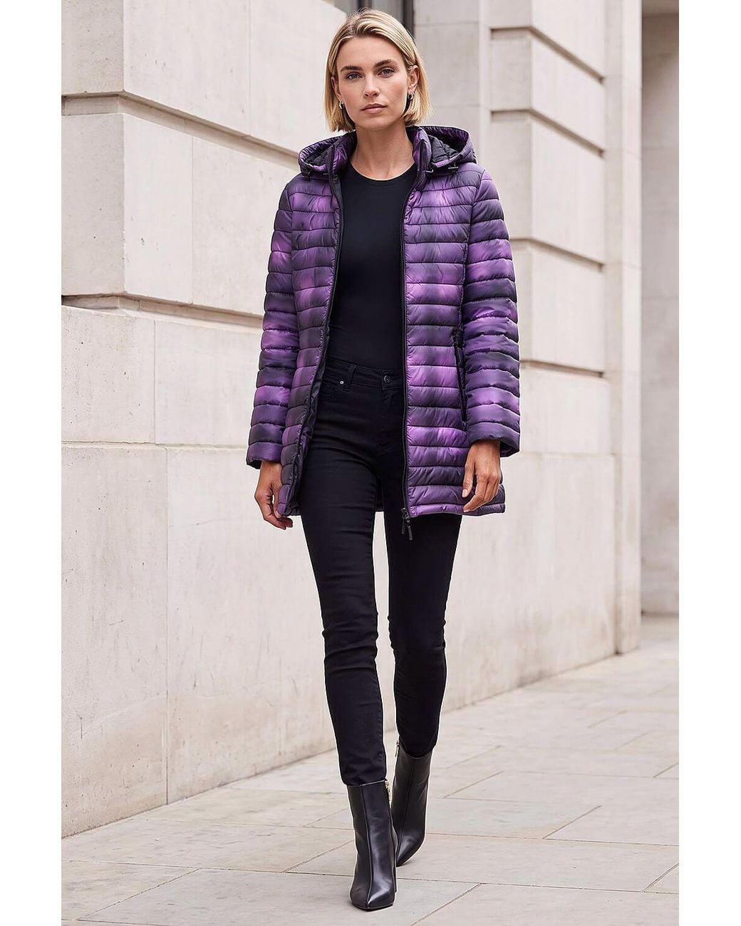 Roman Purple Check Print Quilted Puffer Coat