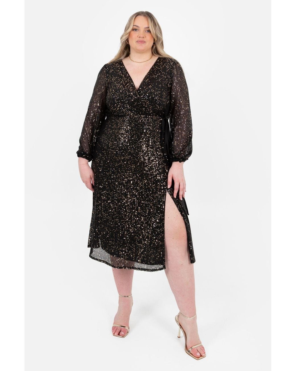 Lovedrobe Black Sequin Faux Wrap Long Sleeve Midi Dress