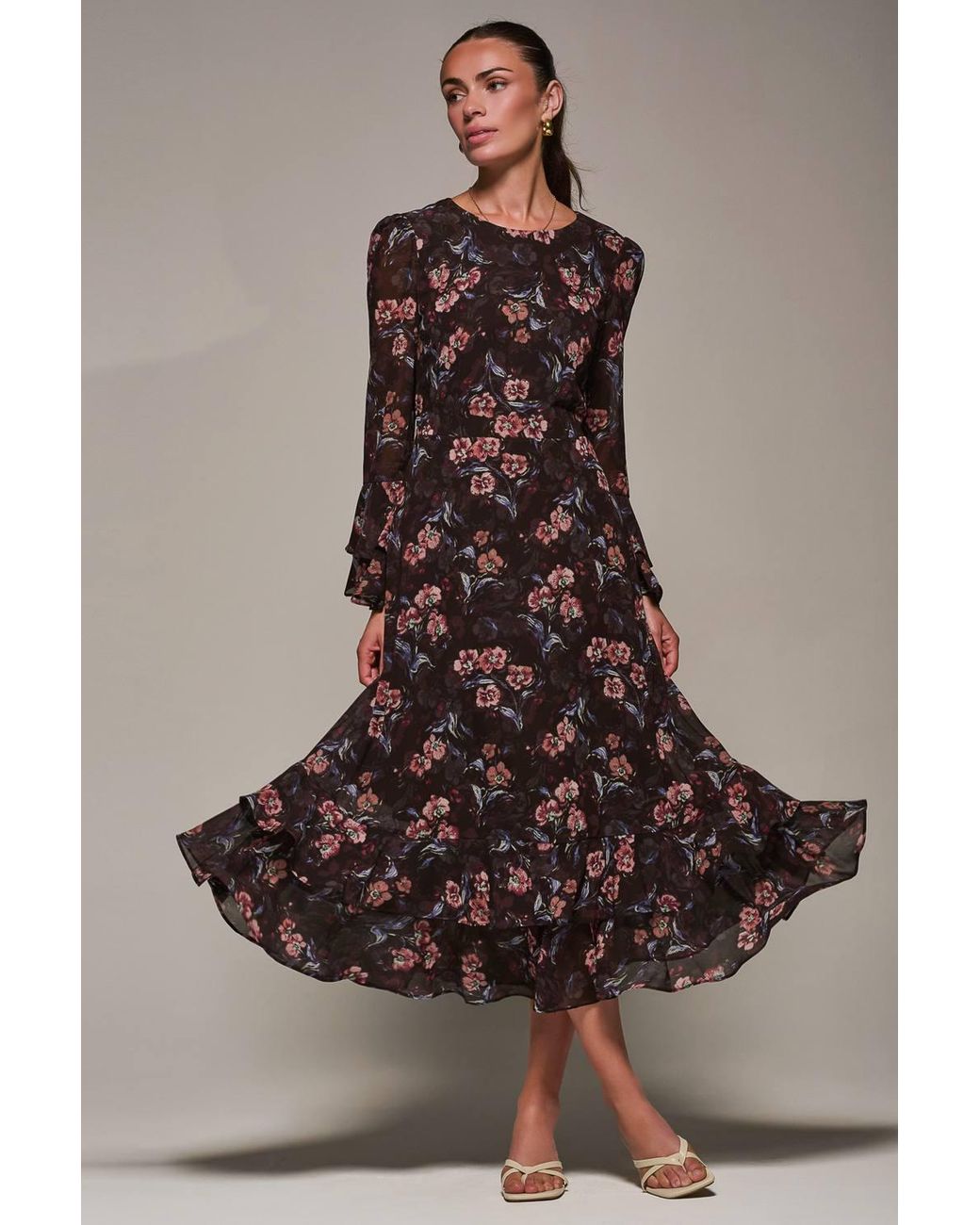 Jolie Moi Brown Long Sleeve Chiffon Frill Midaxi Dress