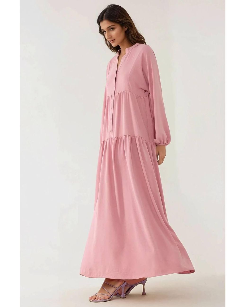 Hiccup Pink Textured V-Neck Maxi Dress With Button Detail