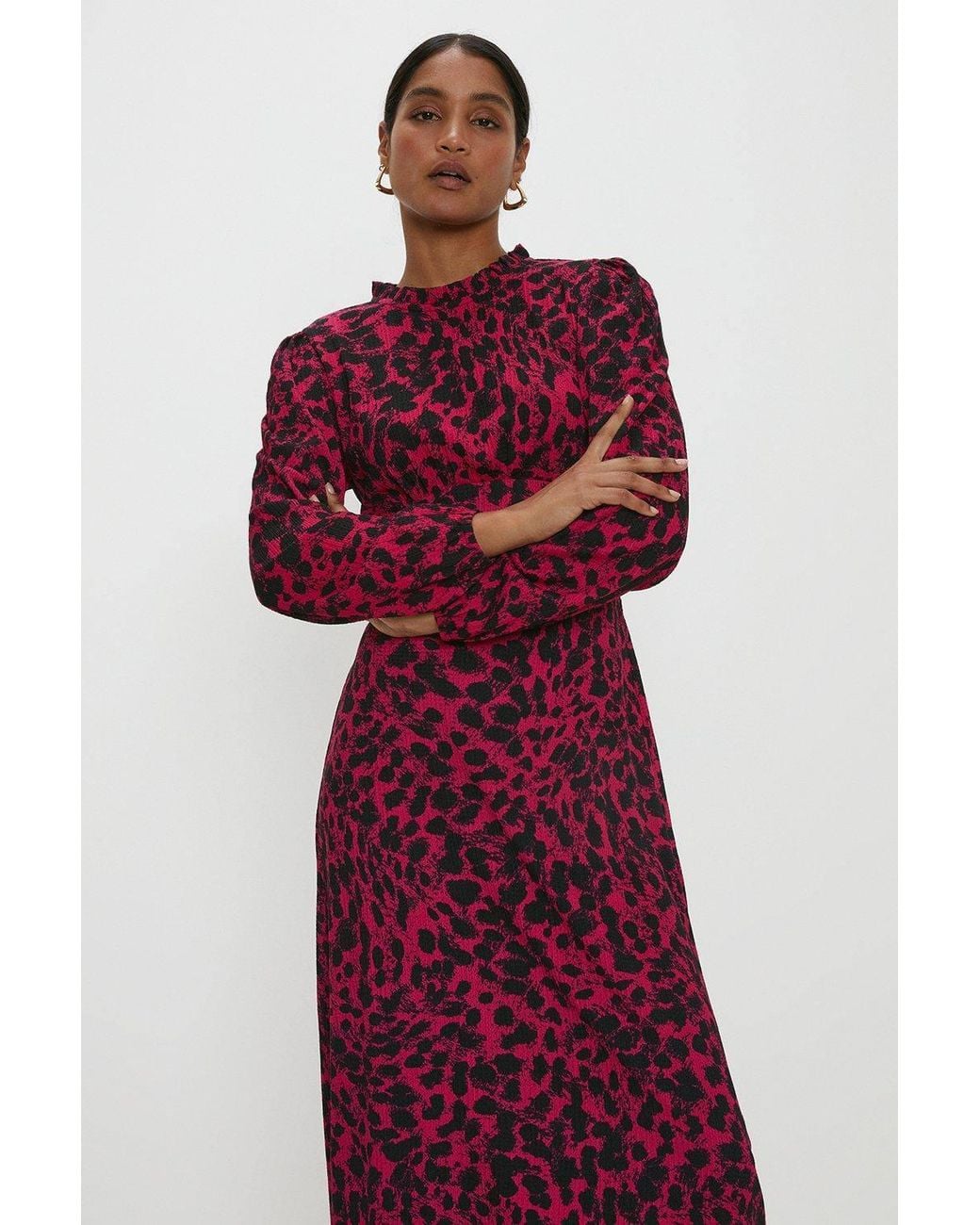 Dorothy Perkins Red Leopard Frill Neck Midi Dress