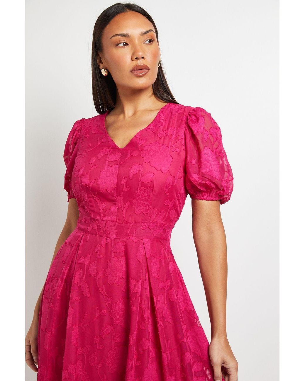 PRINCIPLES Pink Floral Jacquard Puff Sleeve Midi Dress