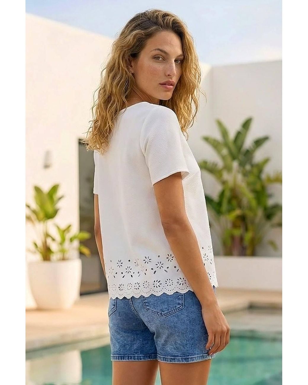 Roman White Cut Out Hem Tie Front Top