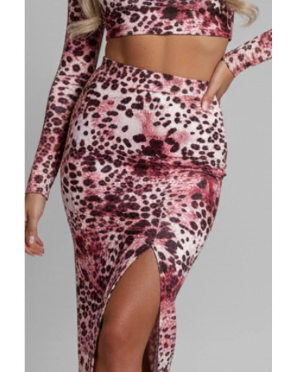 Stylewise Pink Printed Long Sleeve Crop Top & Midi Skirt Co-Ord