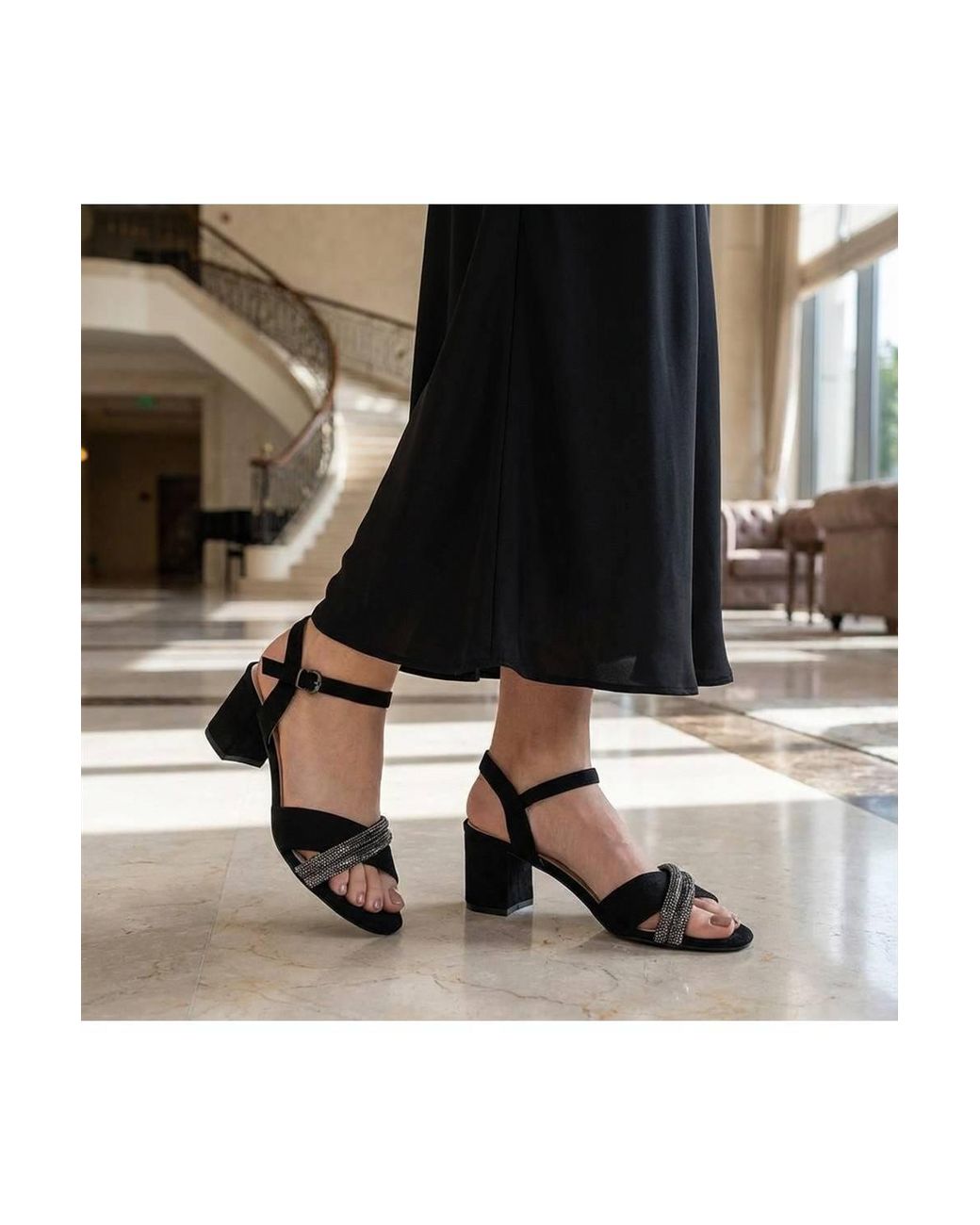 Pavers Black Block Heel Embellished Toe Sandals