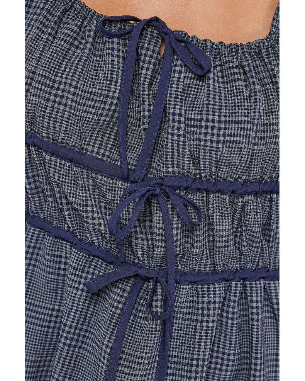 Warehouse Blue Check Tie Front Square Midi Dress