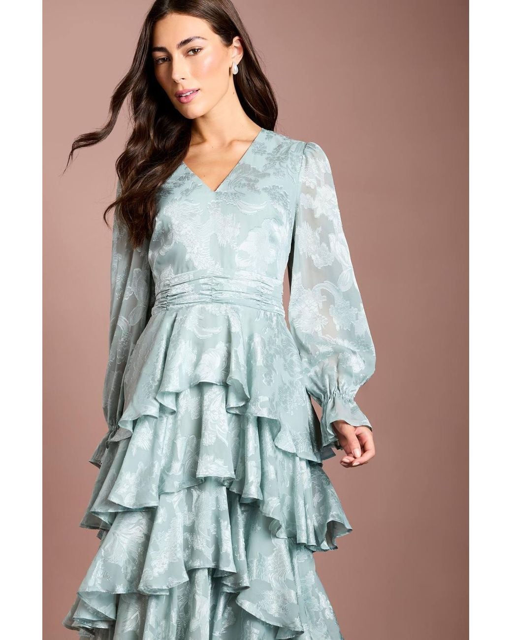 Coast Blue Satin Jacquard Tiered Blouson Sleeve Midi Dress