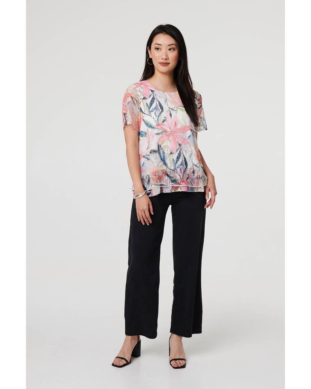 Izabel London White Floral Short Sleeve Mesh Layered Top