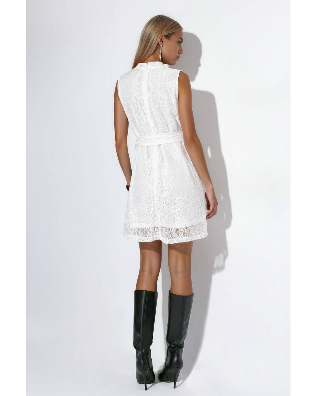 Msn-Collection White Belted High Neck Lace Mini Dress