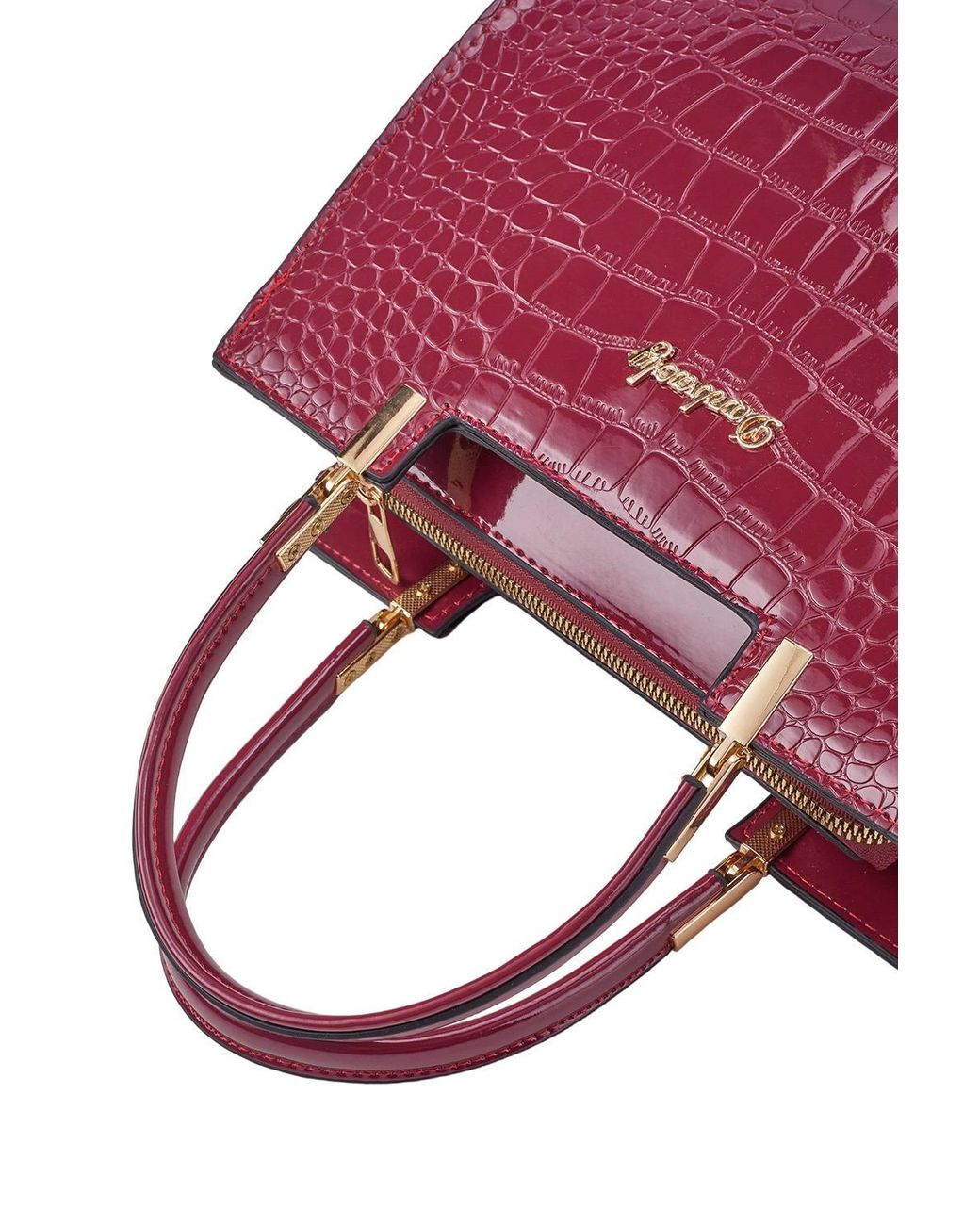 MODISHION Red Glossy Pu Croc-Embossed Handbag With Crossbody Strap