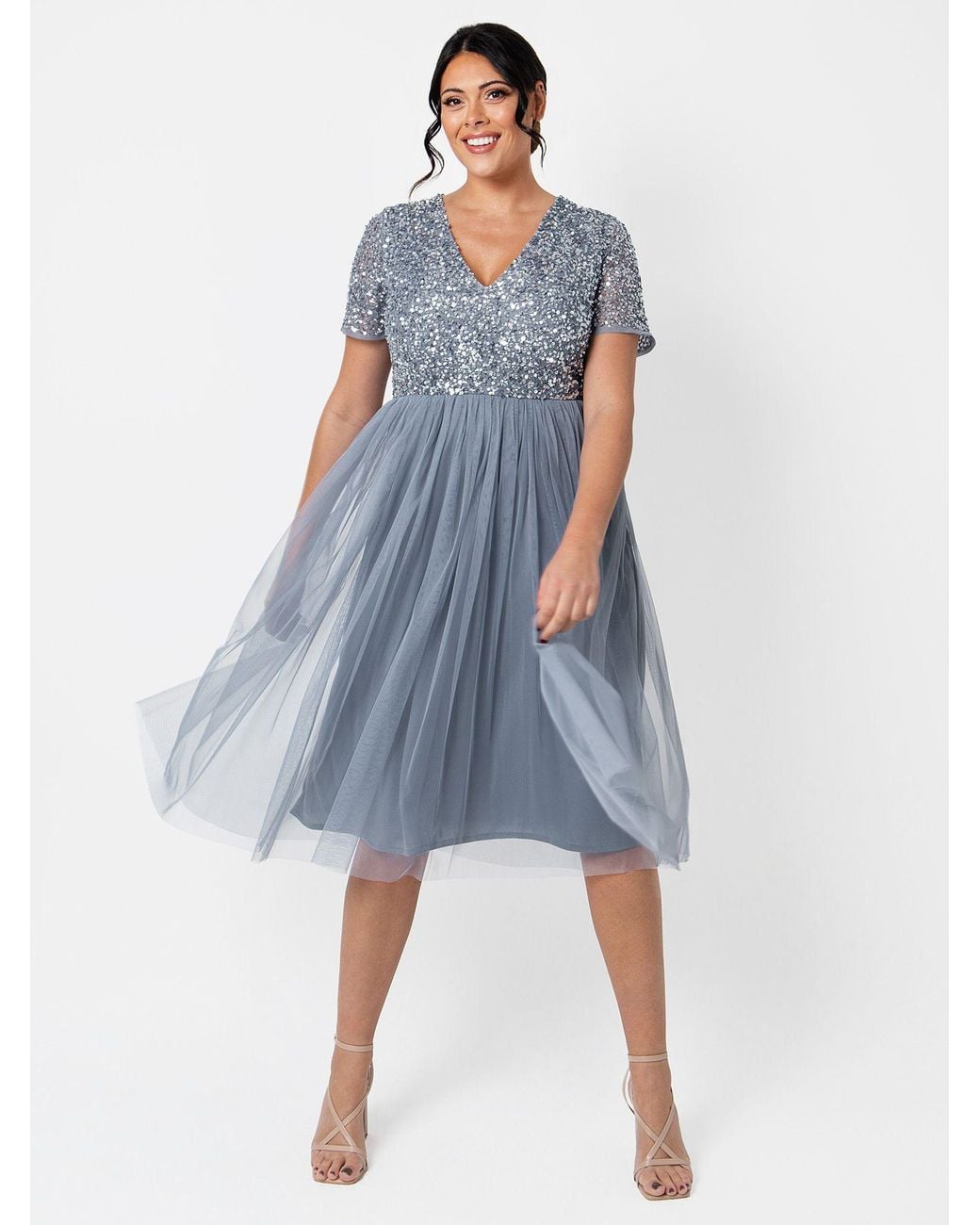 Maya Deluxe Blue Short Sleeve V Neck Embellished Midi Dress