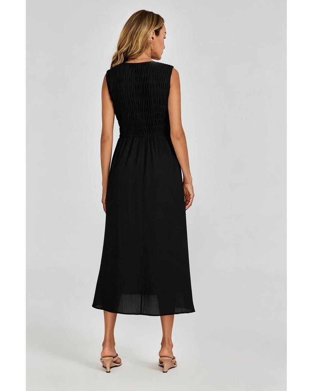 FS Collection Black Sleeveless Shirred Bodice Midi Dress
