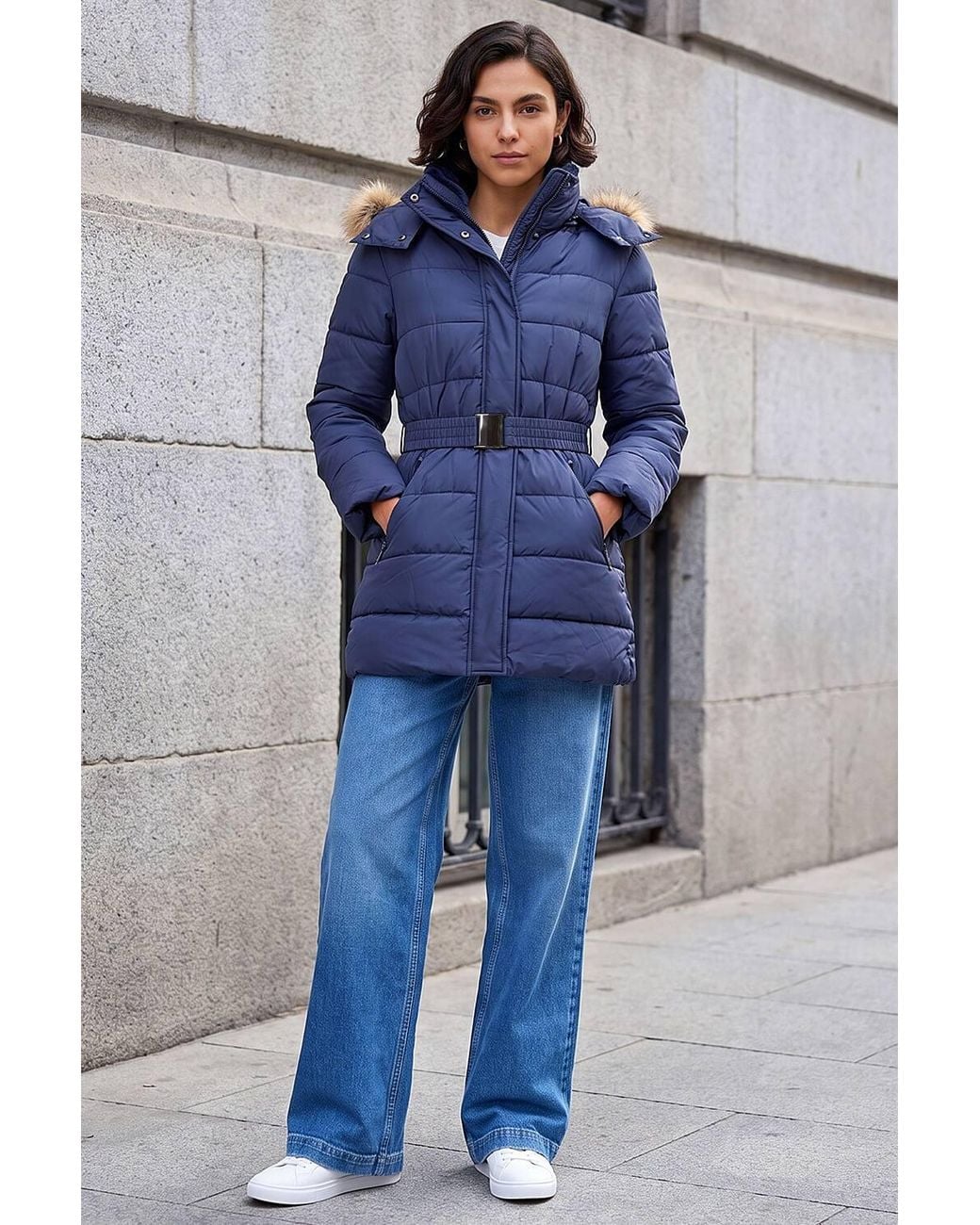 Roman Blue Faux Fur Padded Belt Coat