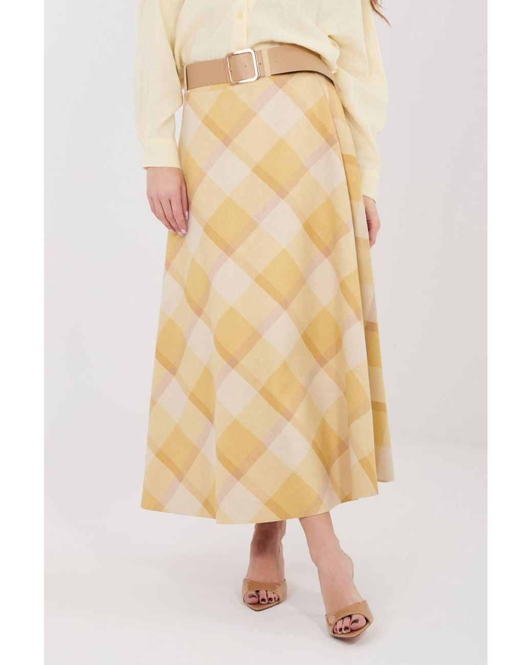 Love Lace Natural Check Flared Maxi Skirt With Belt