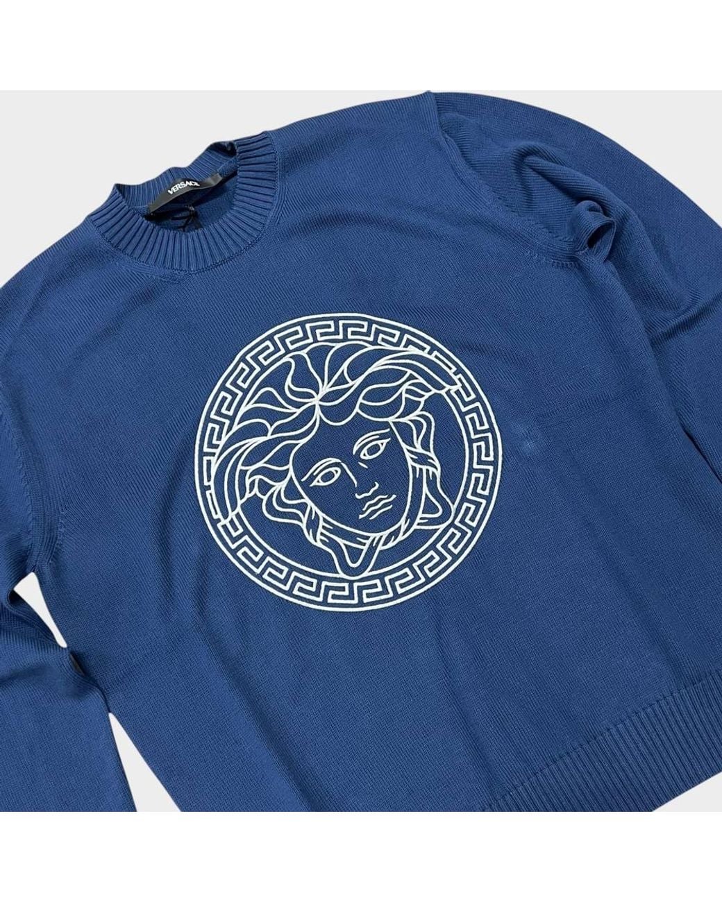 Versace Blue Medusa Head Embroidered Knit Sweater for men