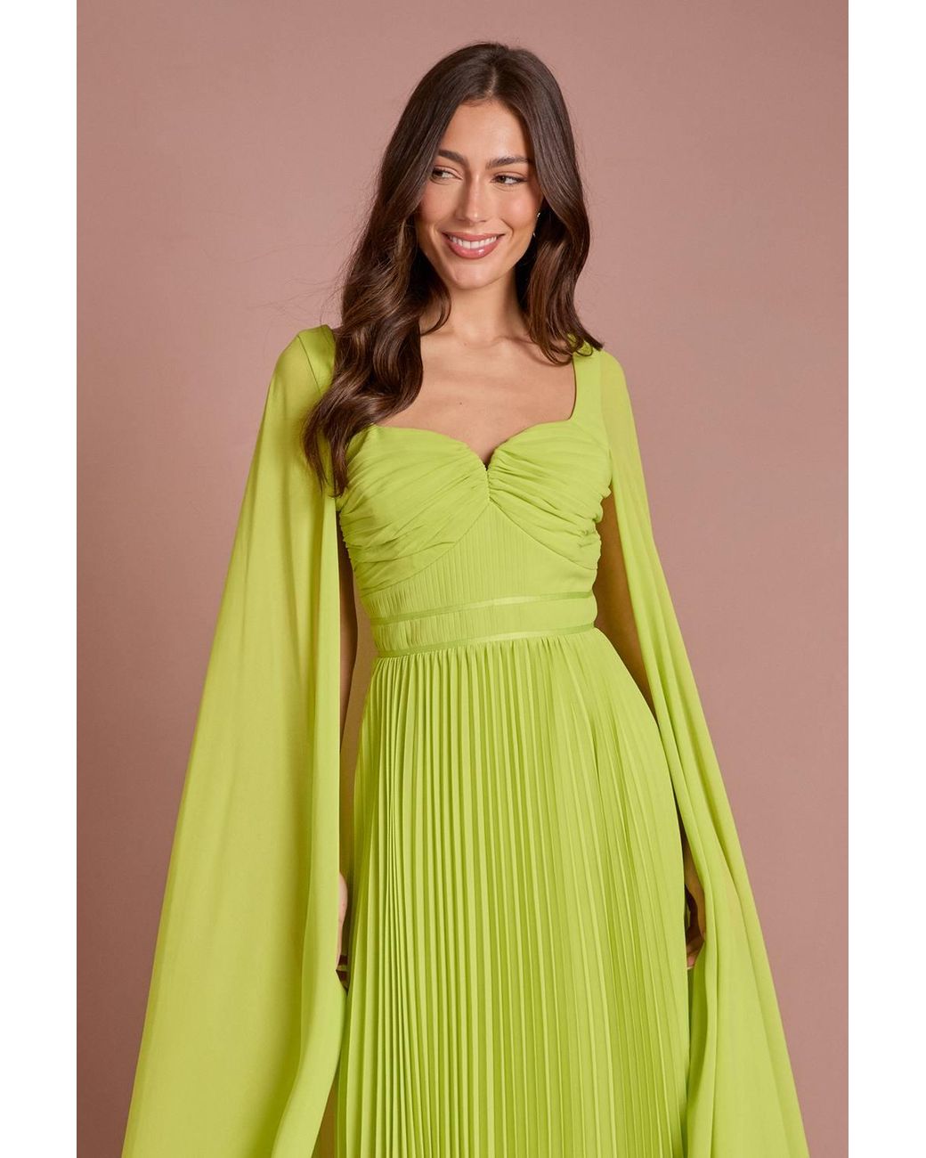Coast Green Cape Sleeve Sweetheart Neckline Pleated Maxi Dress