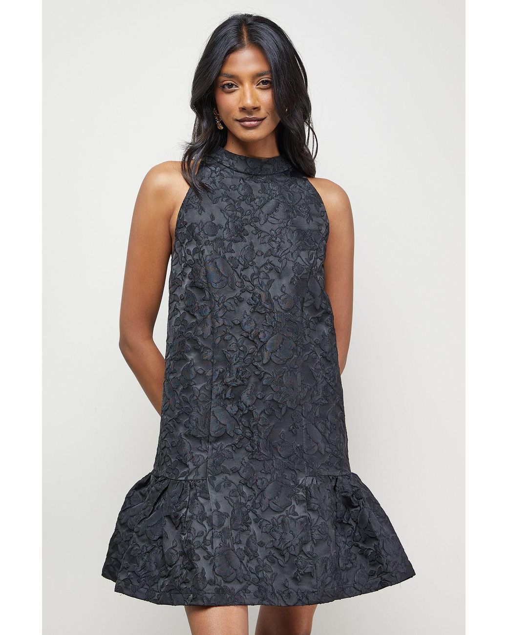 Warehouse Black Jacquard High Neck Drop Hem Mini Dress