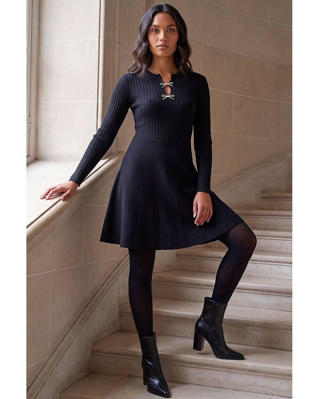 Roman Blue Metal Bow Keyhole Knit Dress