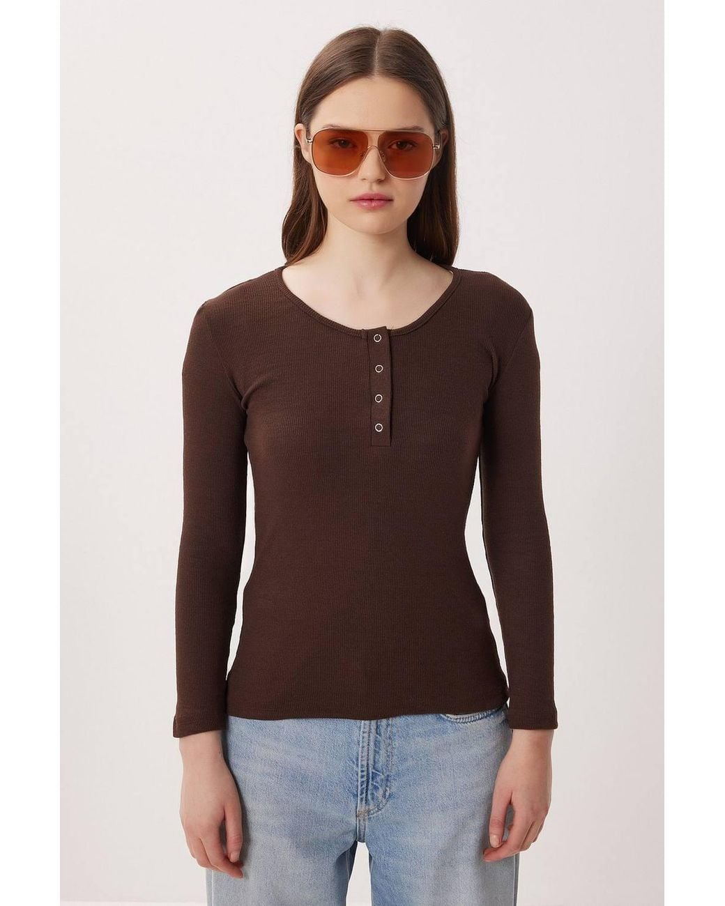 Happiness İstanbul Brown Slim Fit Ribbed Button-Up Long Sleeve Blouse