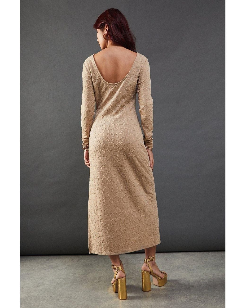 Warehouse Gray Jersey Jacquard Slash Neck Scoop Back Midi Dress