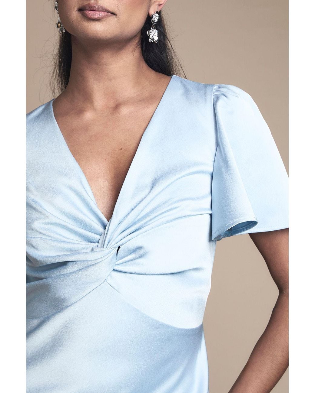 Oasis Blue Satin Twist Front Angel Sleeve Midi Bridesmaid Dress
