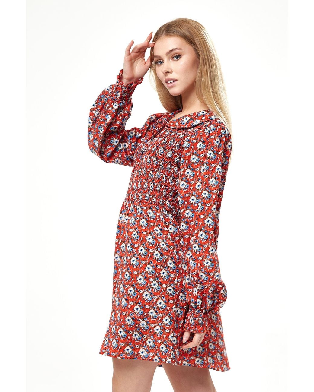 Liquorish Red Floral Print Smock Mini Dress With Peter Pan Collar