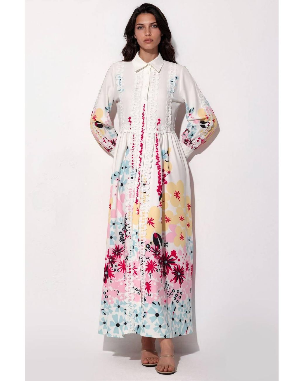 Msn-Collection White Floral Shirt Collar A-Line Maxi Dress