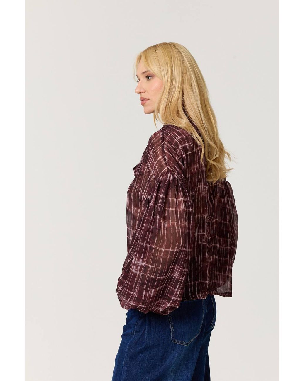 Liquorish Red Check Tie Neck Blouse