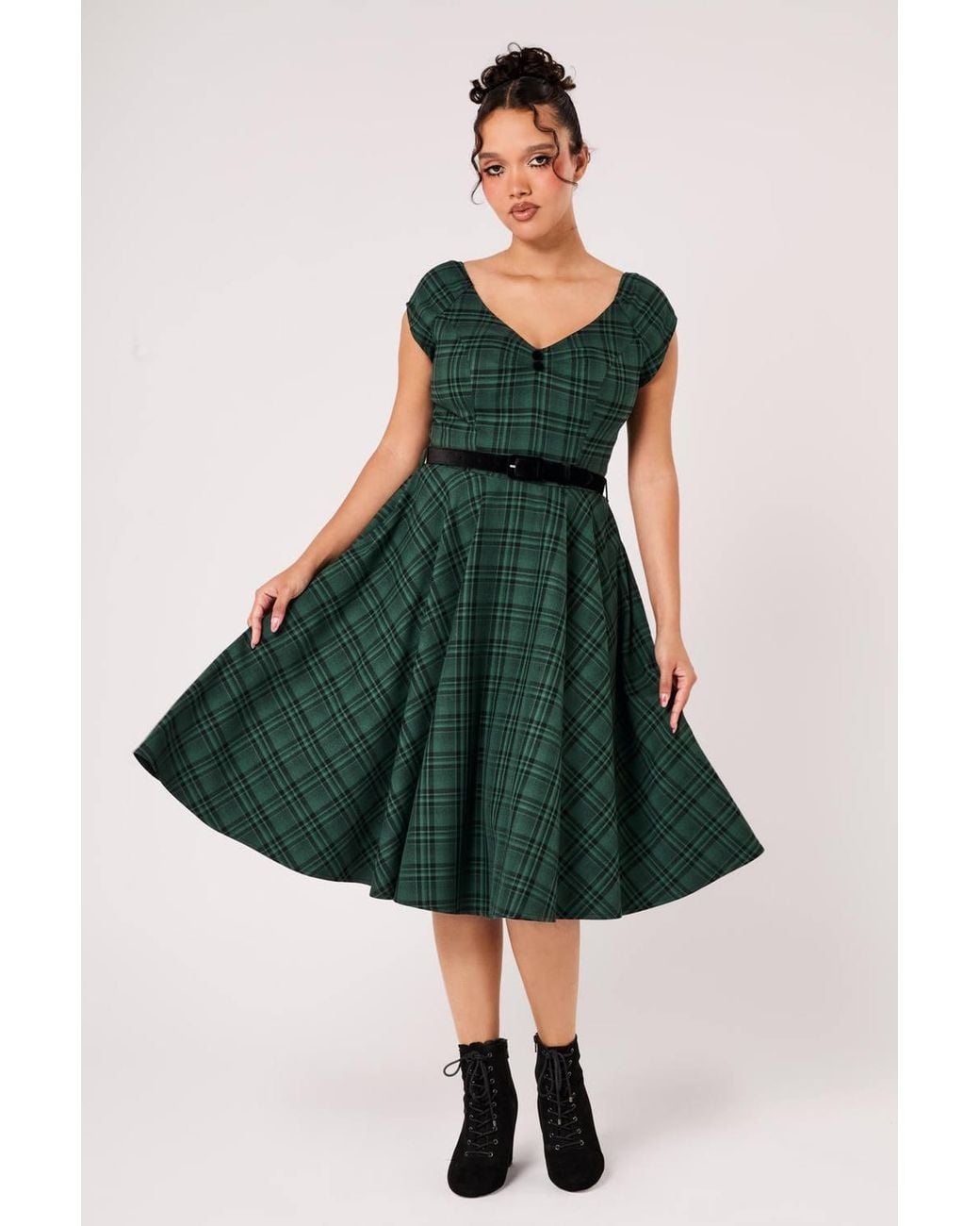 Hell Bunny Green Eden Tartan 50S Style Vintage Midi Dress With Belt