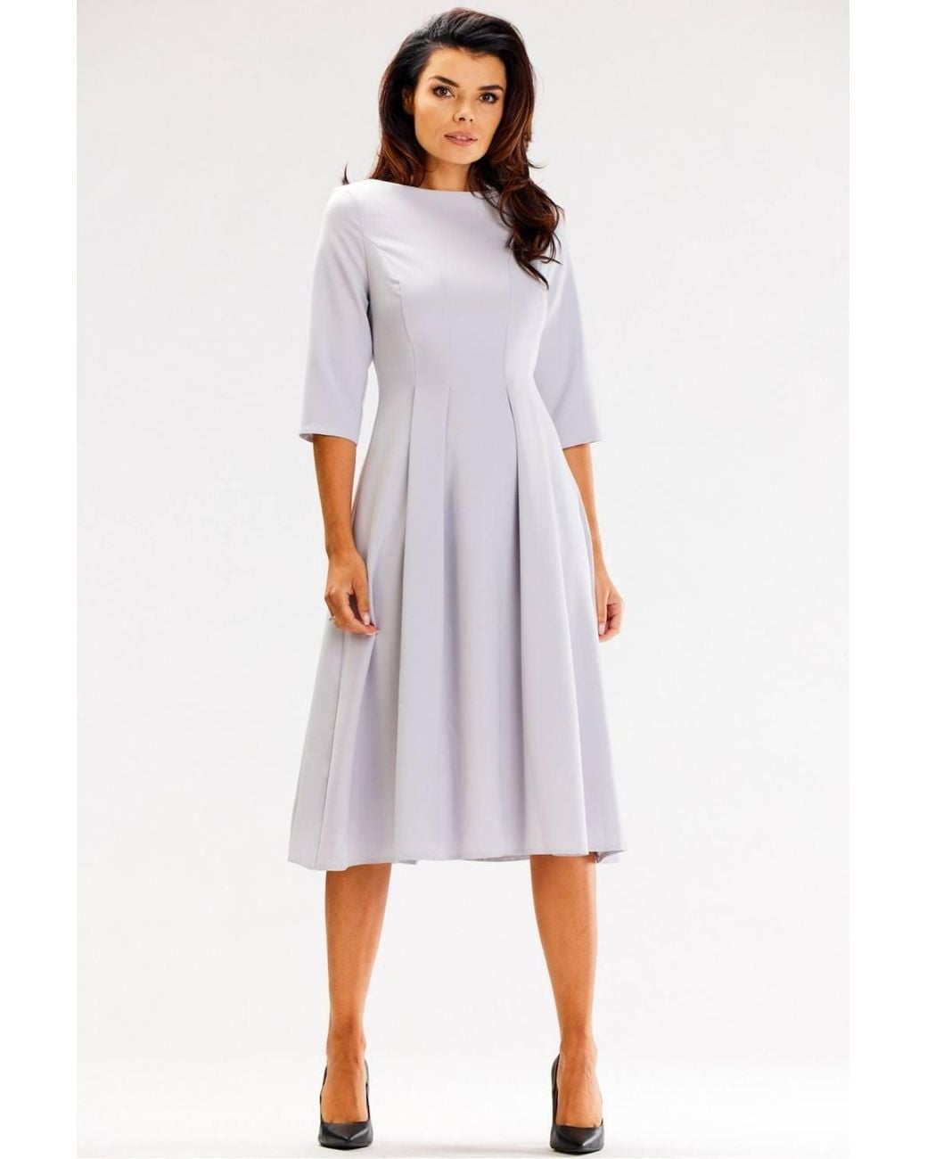 Love Lace Gray Flared Boat Neck Dress With 3/4 Sleeves