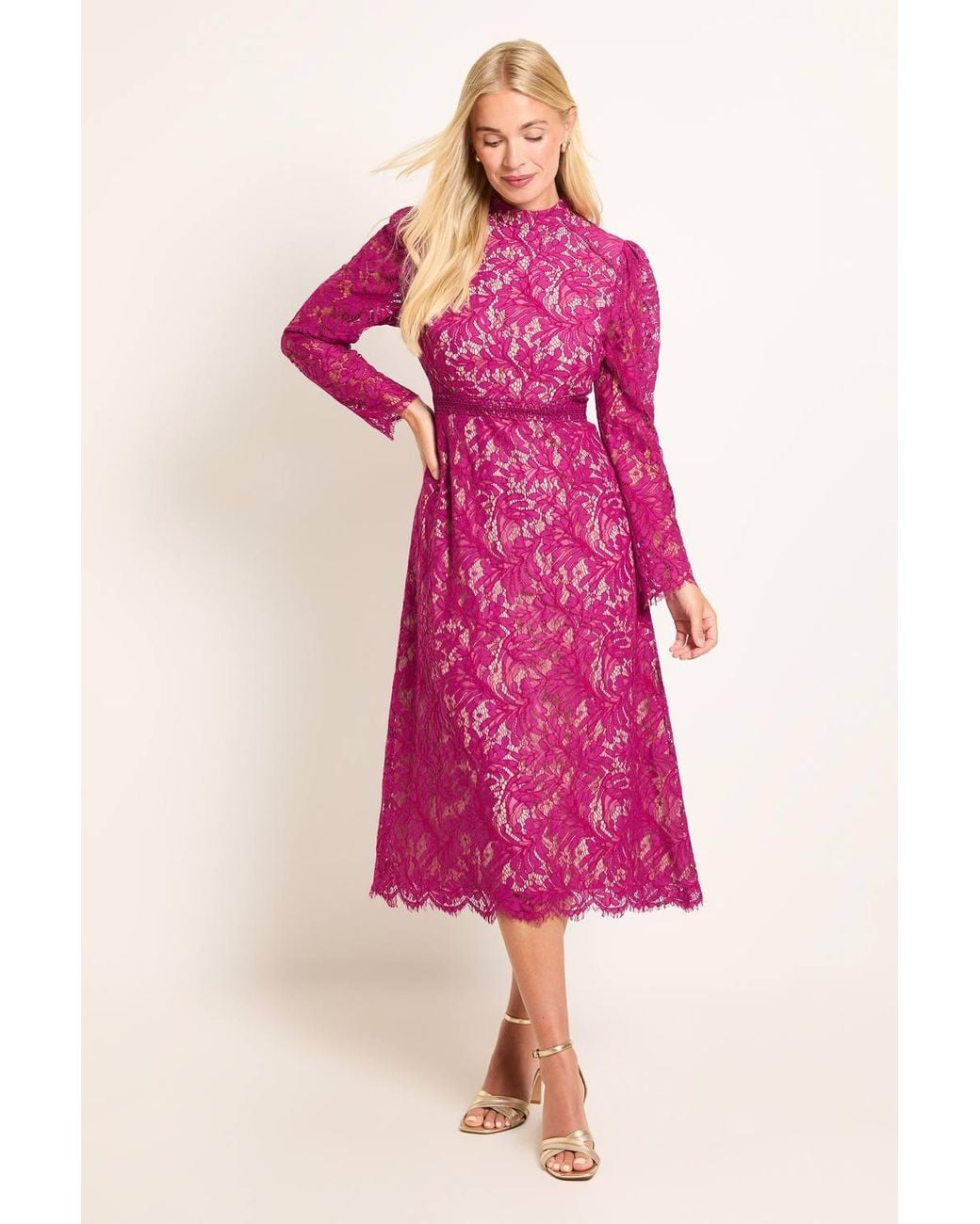 Wallis Pink Petite Lace Trim Fit & Flare Midi Dress