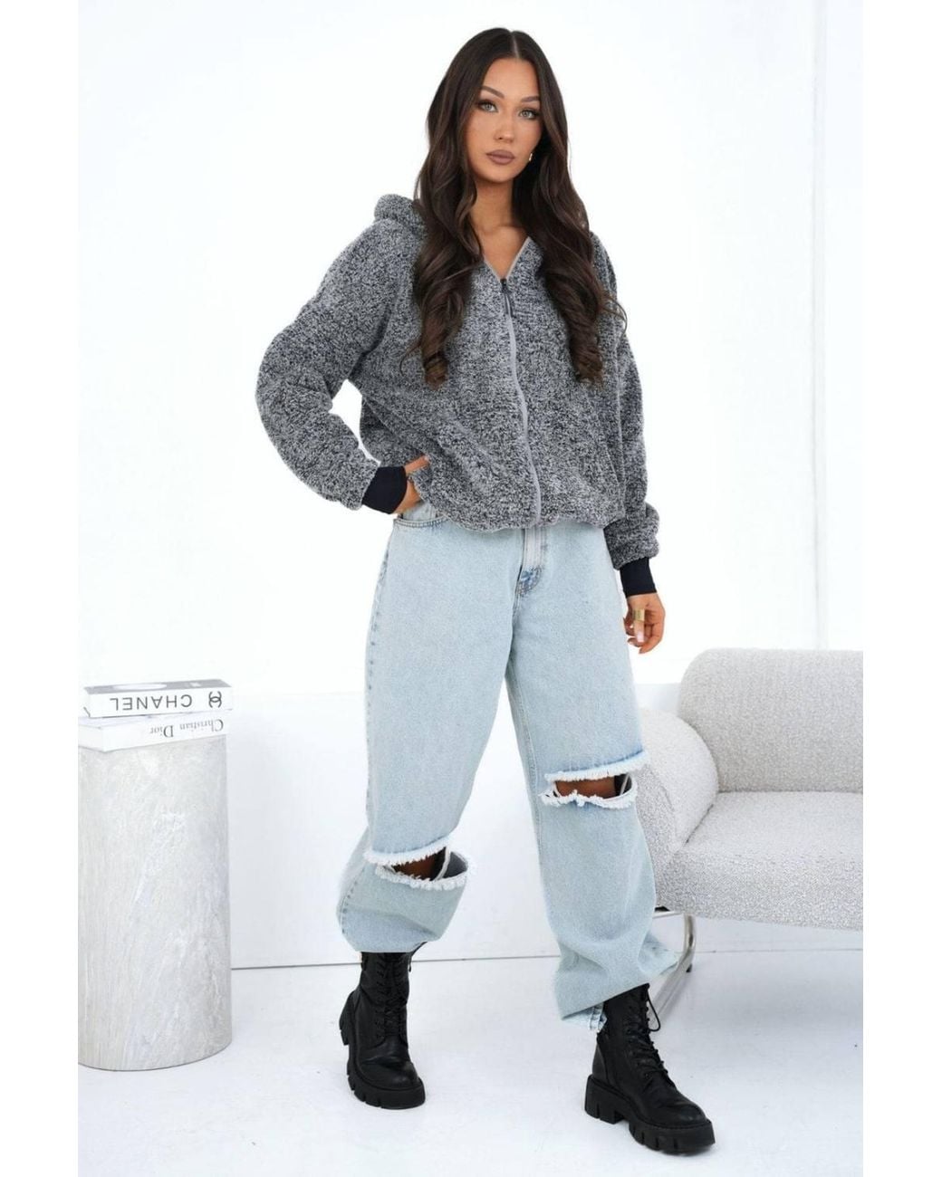 Love Lace Gray Casual Teddy Bear Hooded Zip Sweatshirt