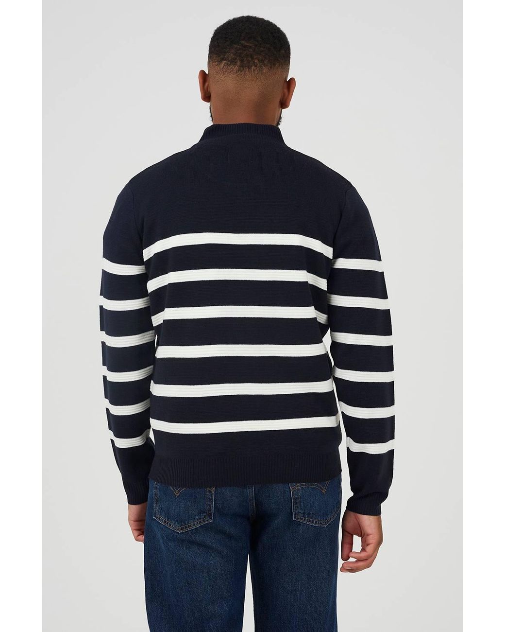 Brave Soul Blue Quarter Zip Stripe Knitted Jumper for men