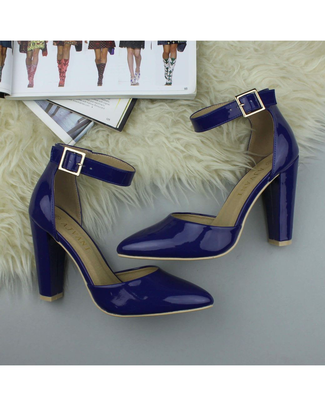 AJVANI Blue High Heel Ankle Strap Pointed Toe Patent Court Shoes