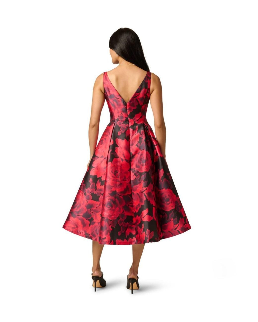 Adrianna Papell Red Boat Neck Printed Tea Dress