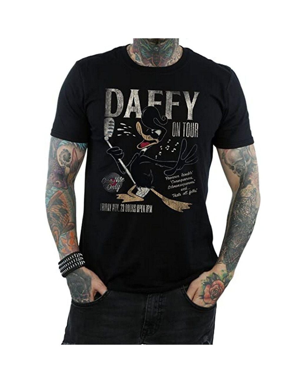 Looney Tunes Black Concert Daffy Duck Cotton T-Shirt for men