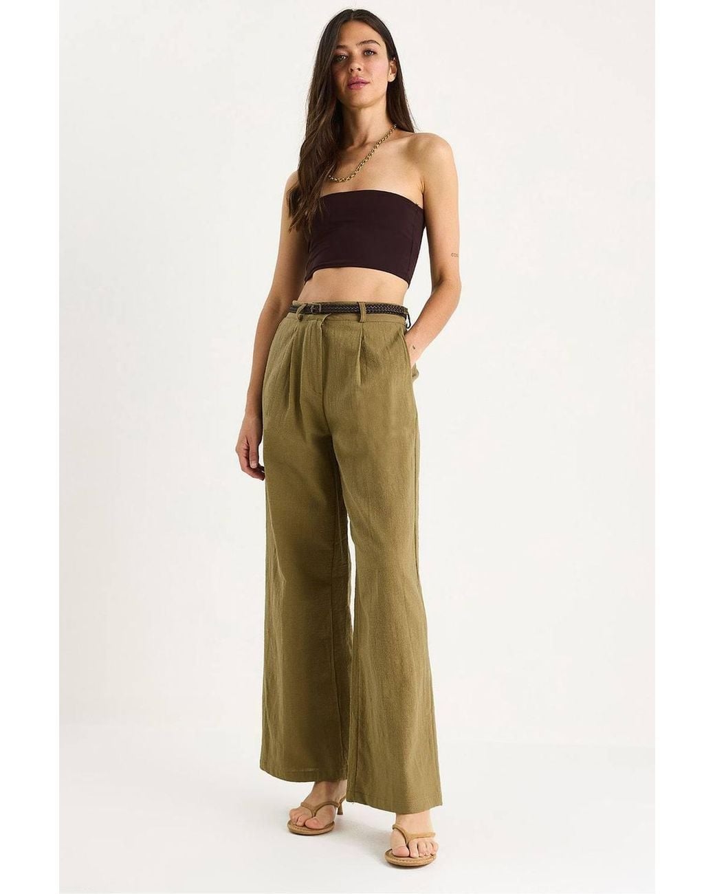 Bianco Lucci Green Textured Palazzo Pants With Pockets